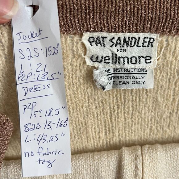 Vtg 1970s Pat Sandler Knit Set - dress & cardigan cream brown gold buttons S/M - Picture 7 of 12